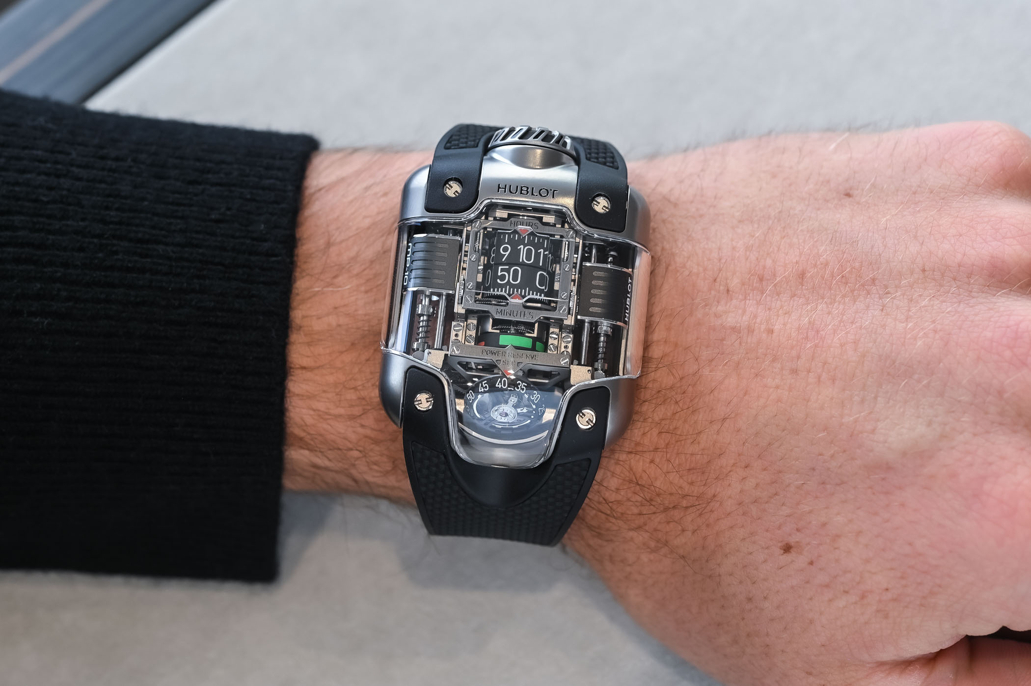 hublot mp 10 tourbillon weight energy system titanium inclined tourbillon linear winding system hands on review 3